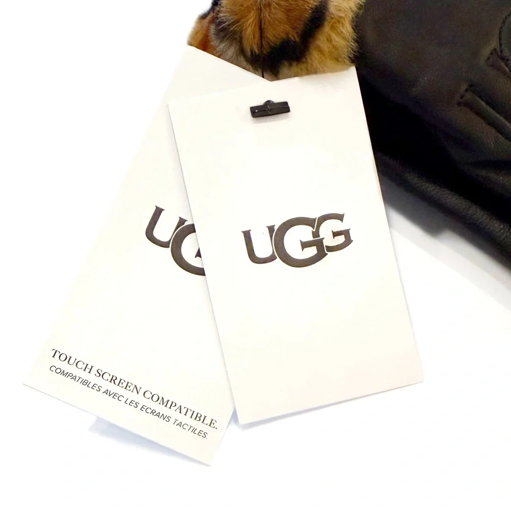 UGG Black Logo Leopard Cuffs Leather Gloves NWT